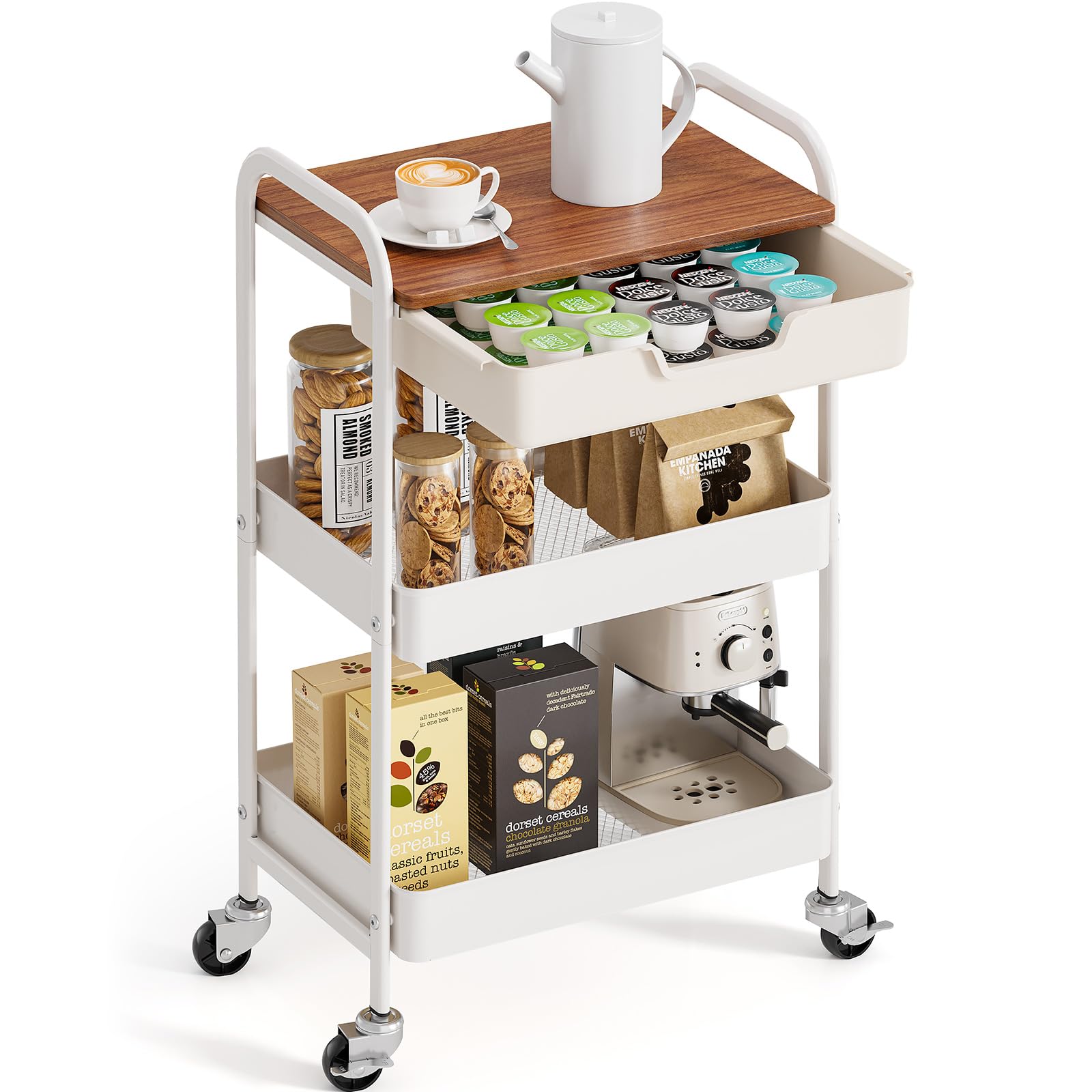 KINGRACK 3-Tier Rolling Utility Cart with Wooden Board and Drawer | White