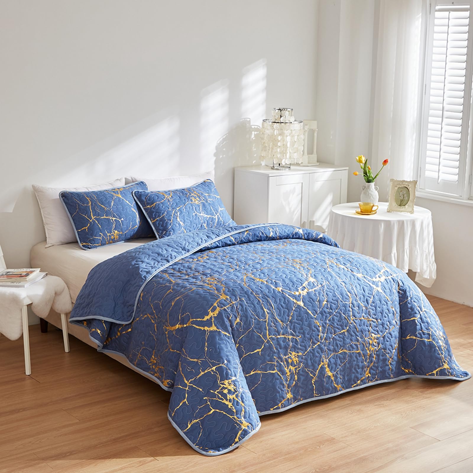 HAVOP King Size Blue Gold Marble Quilted Bedspread Microfiber Bedding Set