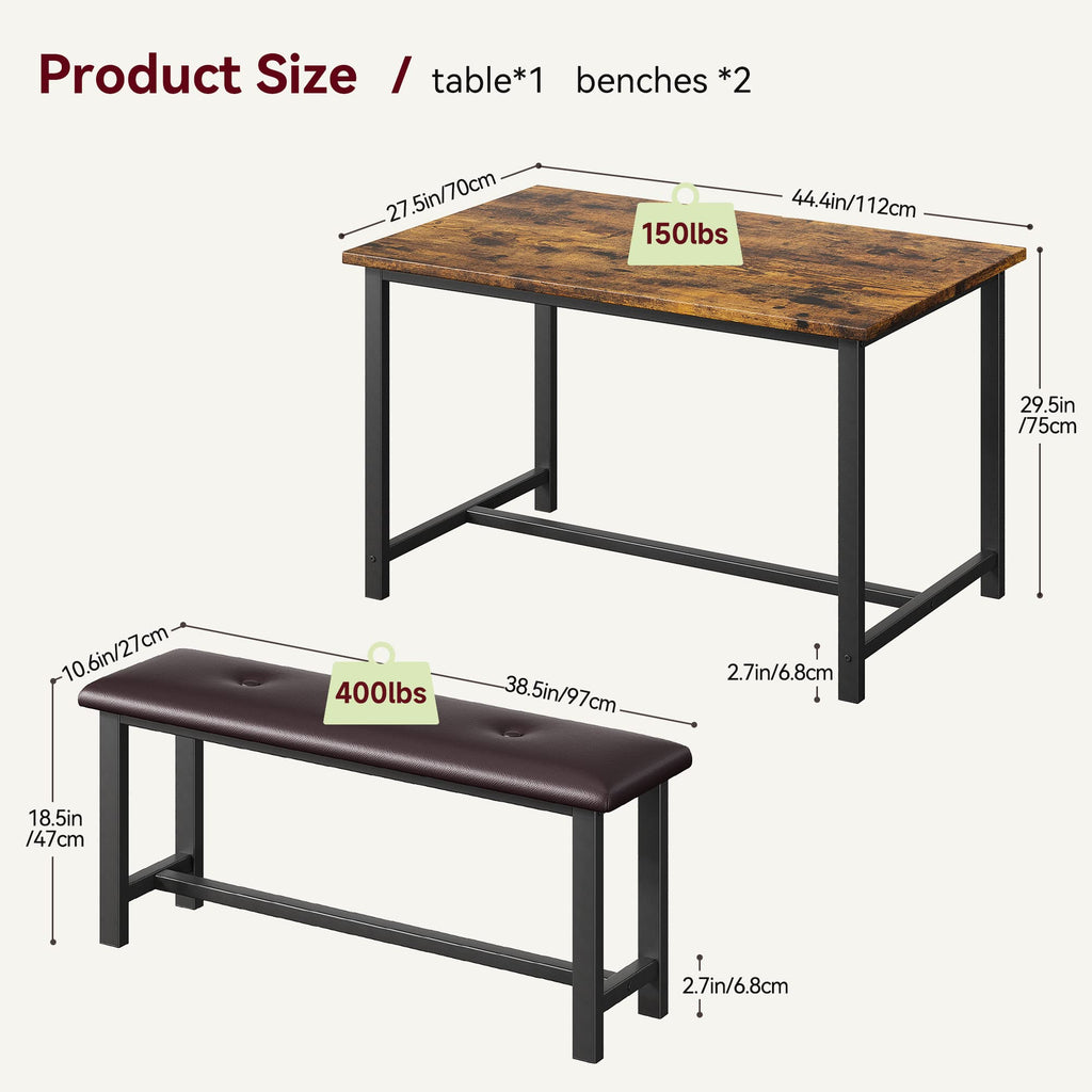 GarveeHome Dining Table with 2 Benches, 3 Piece Kitchen Table Set, Space Saving Dining Room Furniture, Metal Frame