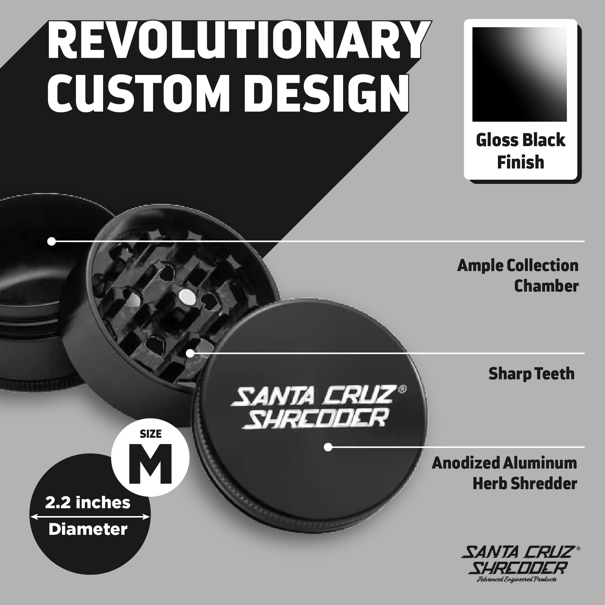 Santa Cruz Shredder 3-Piece Herb Grinder – Medium 2.125" Aluminum Black