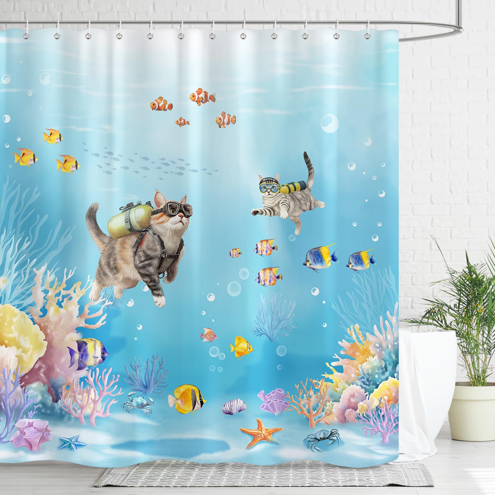 Dazzlewall Funny Diving Cat Shower Curtain – Waterproof Polyester, 180x180cm