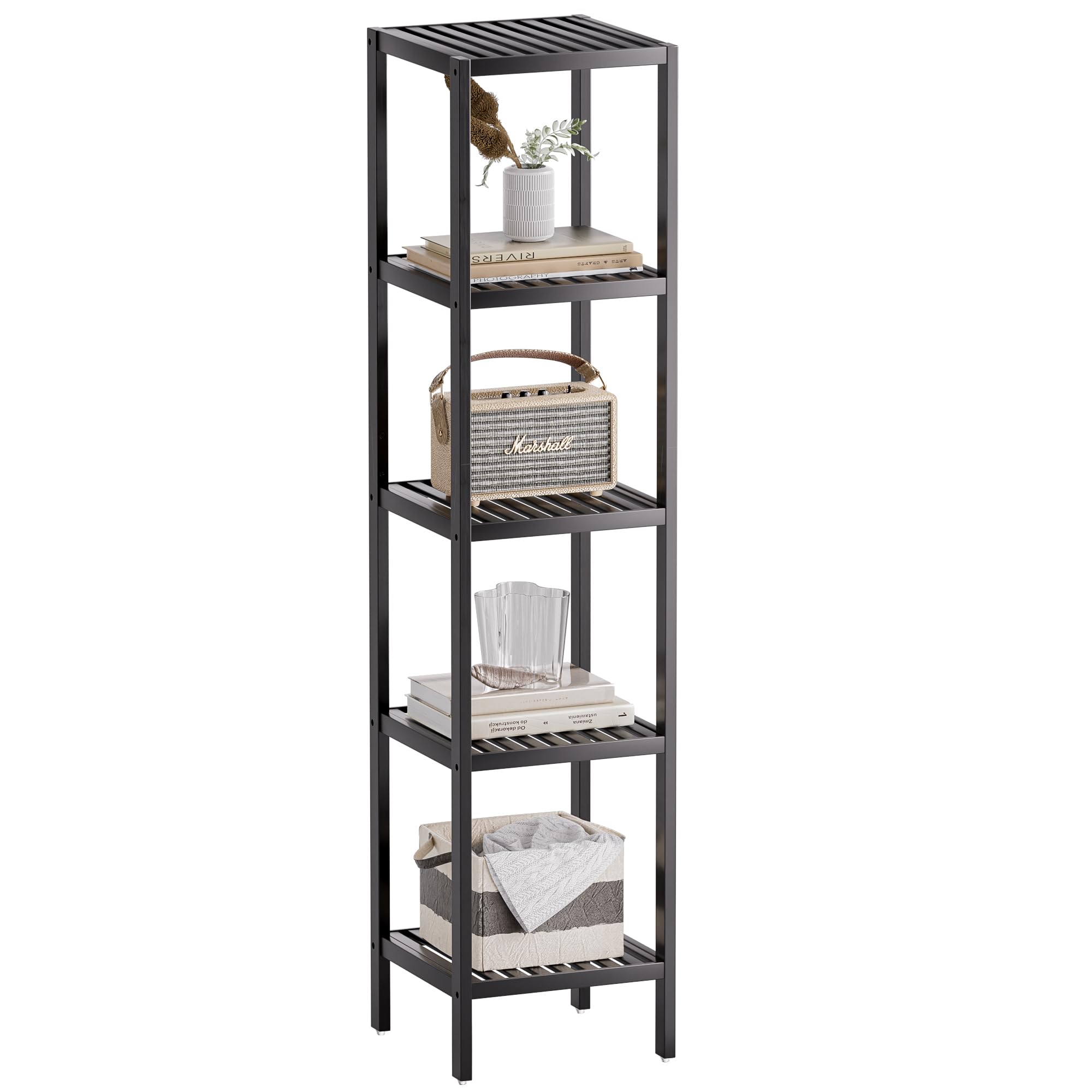SMIBUY 5-Tier Bamboo Bathroom Storage Shelf – Space-Saving Corner Rack, Black