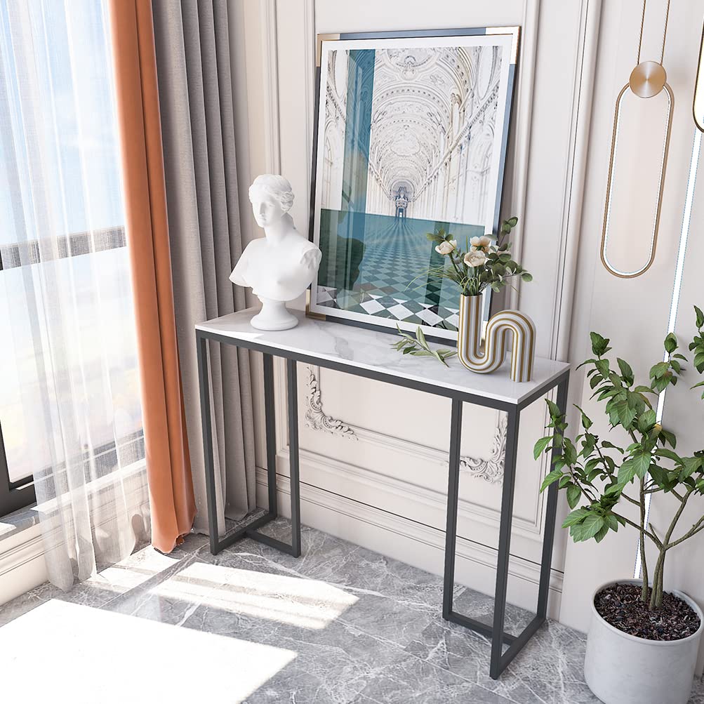 Slim Console Table Hallway Unit: White Marble Top Consoles Desk Long 100cm High Gloss Sintered Stone Marbles Effect and Black Legs Narrow Tall Modern - image 4
