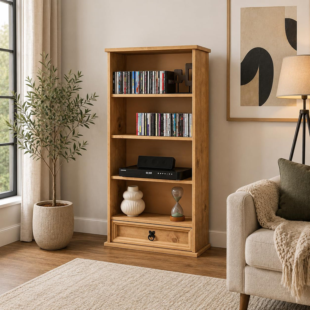 Mews Corona 1 Drawer DVD/CD Rack Bookcase Storage Unit Mexican Style Solid Pine with Wax Finish - image 1