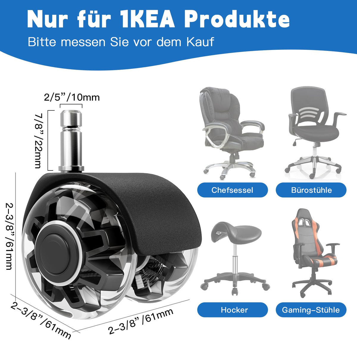 Replacement Office Chair Wheels 1000 kg - 10 x 22 mm Wheels for Office Chairs, Smooth and Quiet Hard Floor Castors