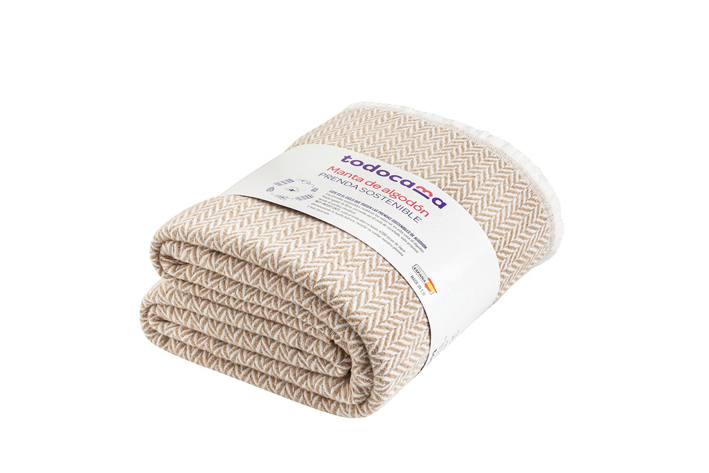 Todocama Extra Soft Cotton Blanket – Herringbone Sofa Cover, Sand Beige