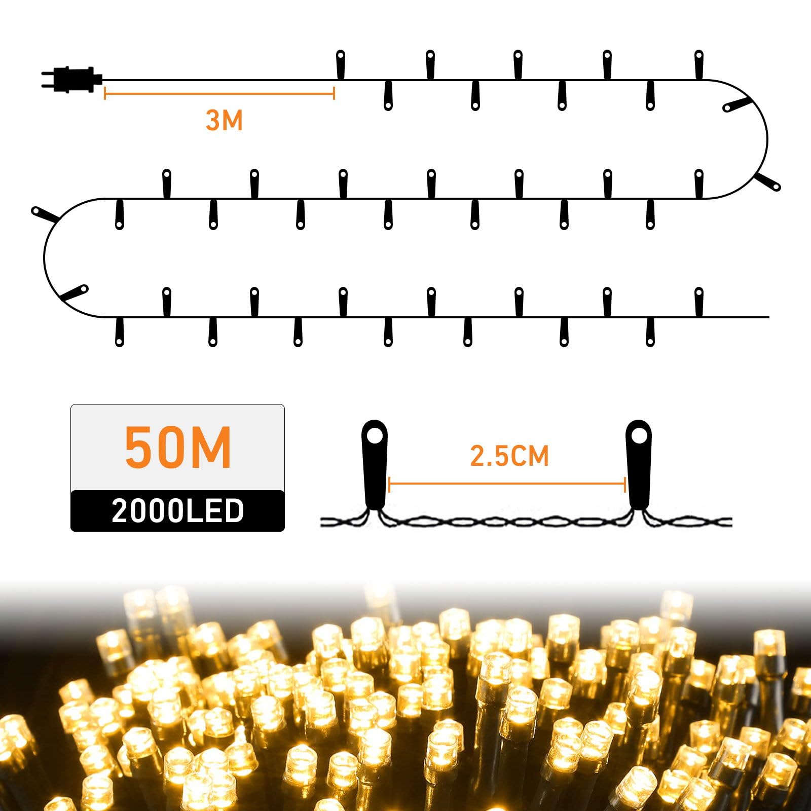 Marchpower 50m 2000 LED Cluster Christmas Lights | 8 Modes Waterproof