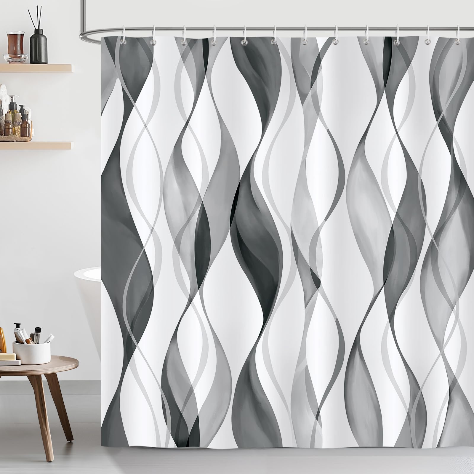 Bonhause Black Grey Striped Shower Curtain – Waterproof Polyester, 180x180cm