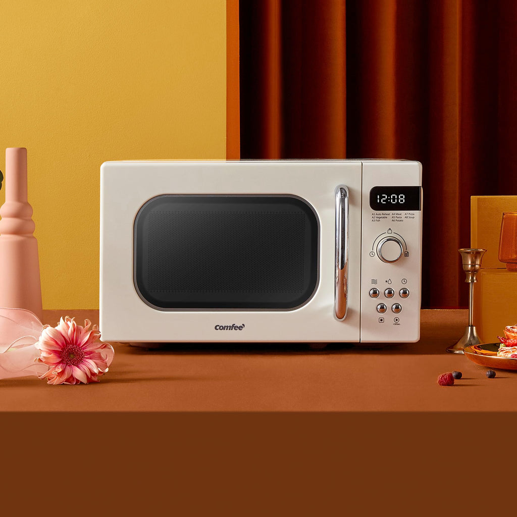 COMFEE' Retro Microwave Oven | 800W 20L with 8 Auto Menus – Apricot Cream