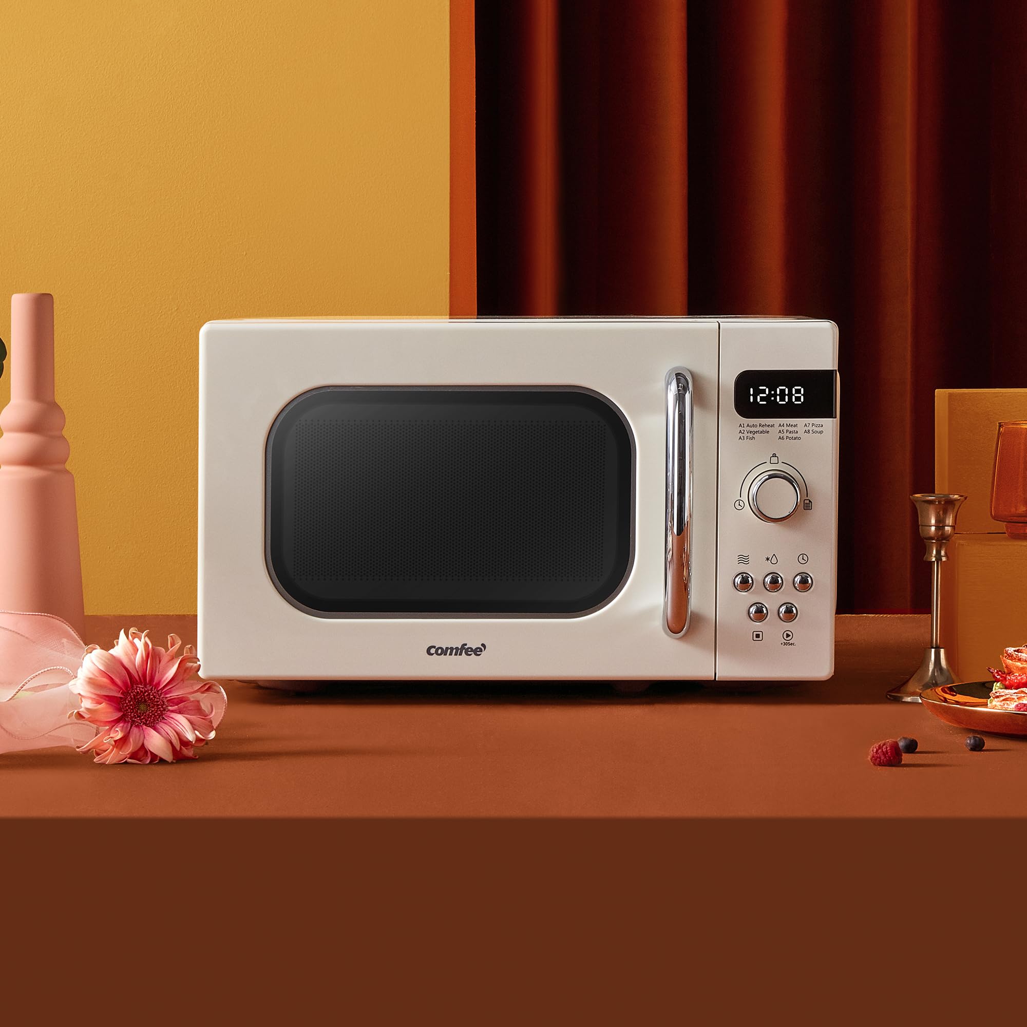 COMFEE' Retro Microwave Oven | 800W 20L with 8 Auto Menus – Apricot Cream