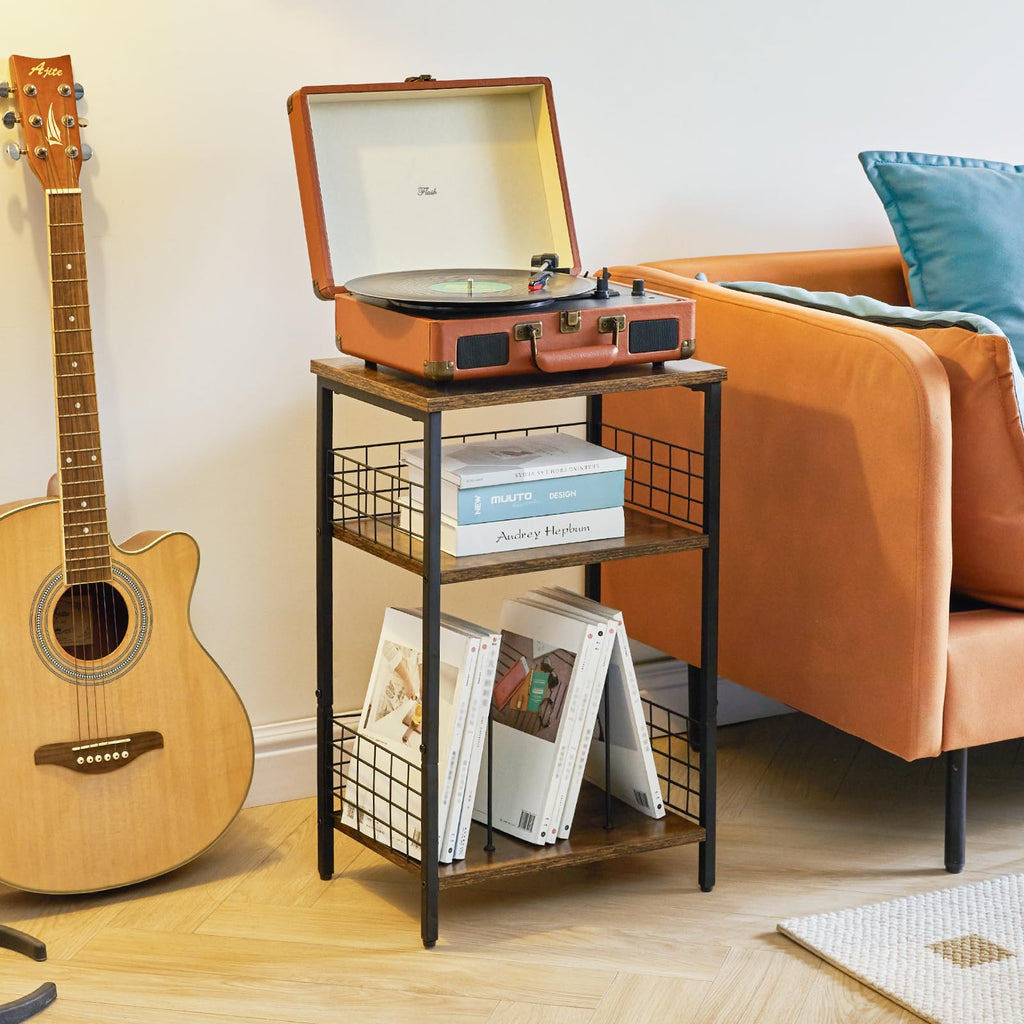 YMYNY 3-Tier Record Player Stand | Industrial Side Table - Rustic Brown