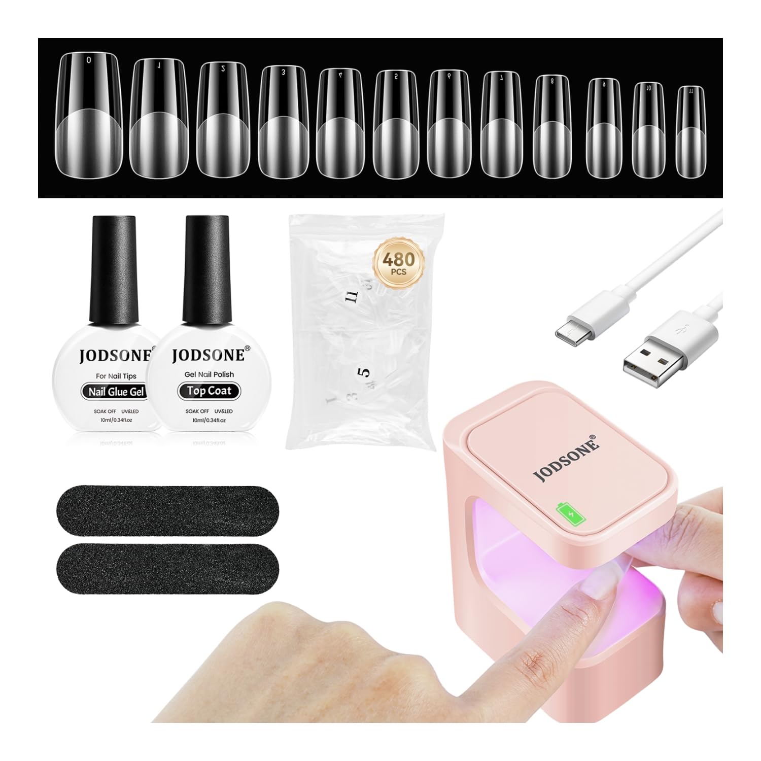 JODSONE Mini Nail Lamp Kit | 480PCS Square Tips & Portable UV LED Gel Lamp