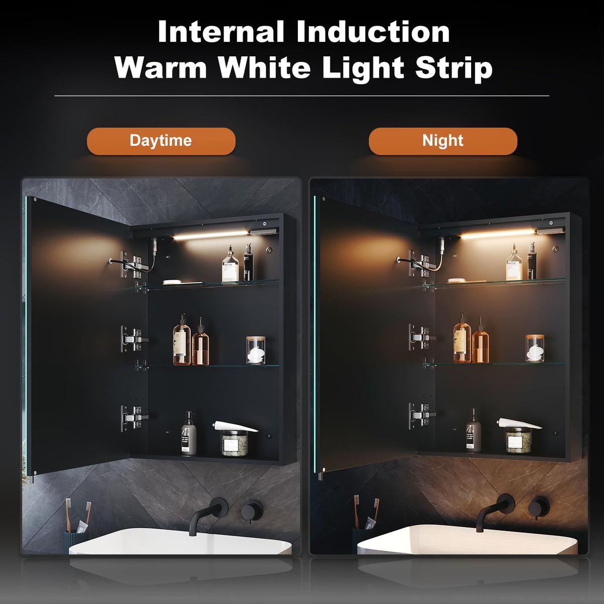 ELEGANT Illuminated Bathroom Cabinet with Shaver Socket, Built-in LED Light Strip, Demister Pad, Slow Close Hinge, Adjustable Shelves - image 5