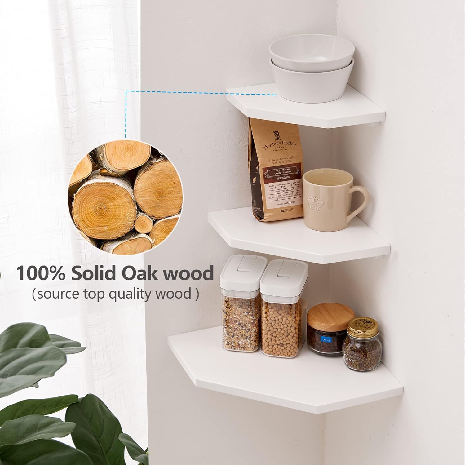 GIEANOO Solid Oak Wood Floating Corner Shelves | Set of 2 White Wall Mount