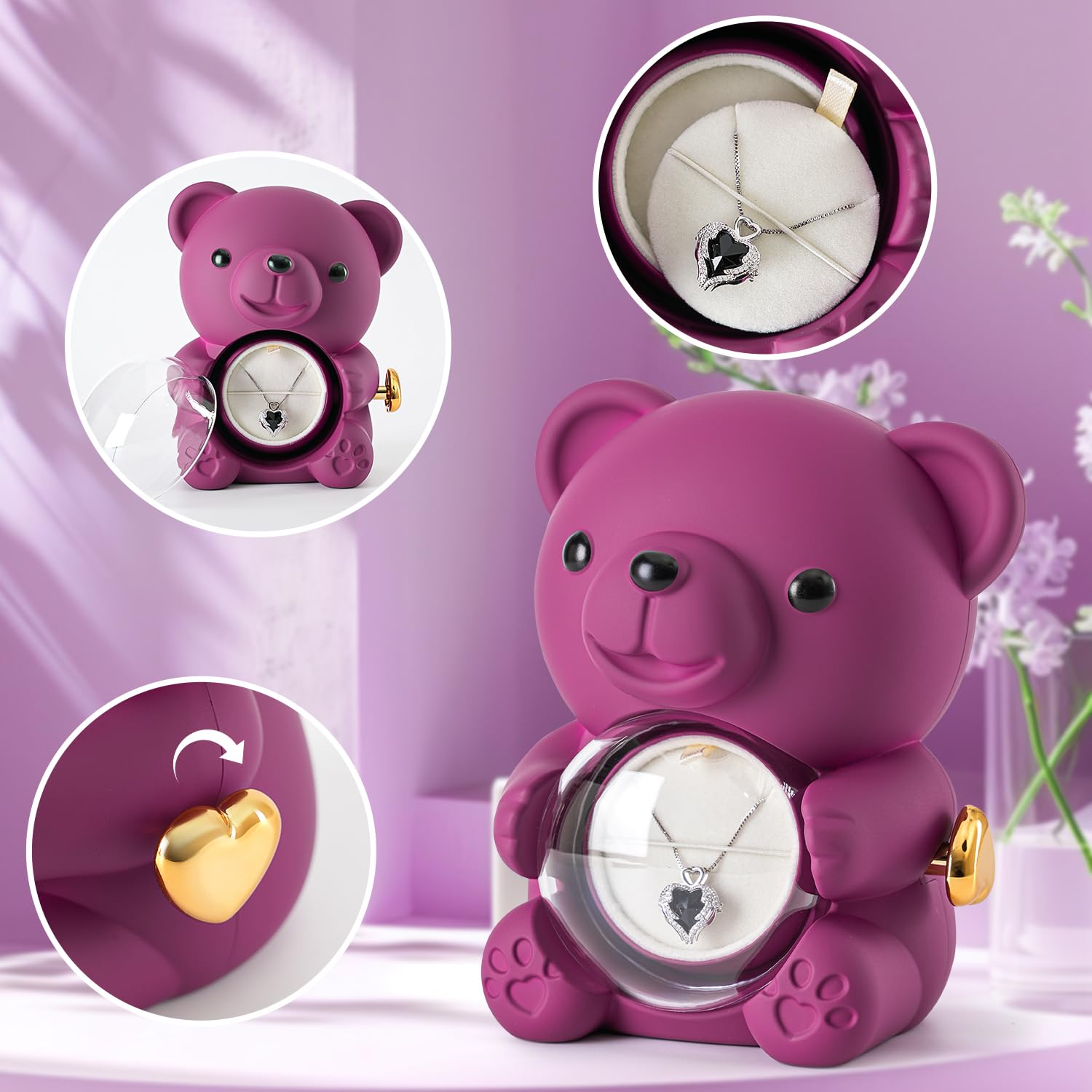 Ariceleo Purple Teddy Bear with Preserved Rose and Heart Necklace