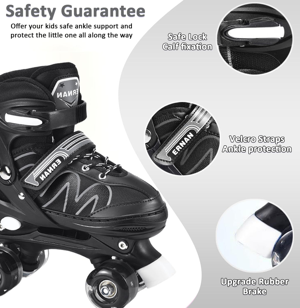 ERNAN Kids Adjustable Roller Skates | 8 Light Up Wheels - White, Small
