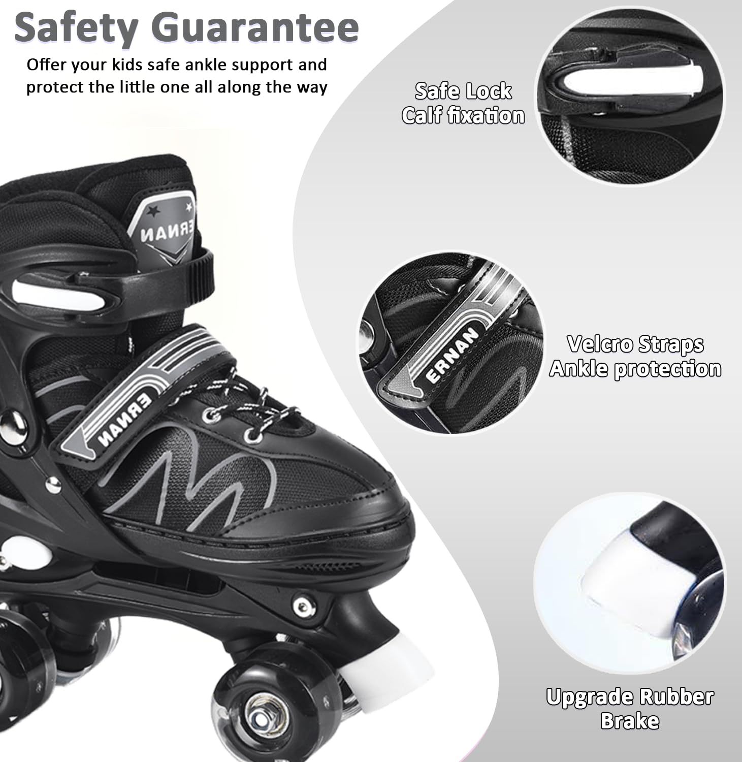 ERNAN Kids Adjustable Roller Skates | 8 Light Up Wheels - White, Small