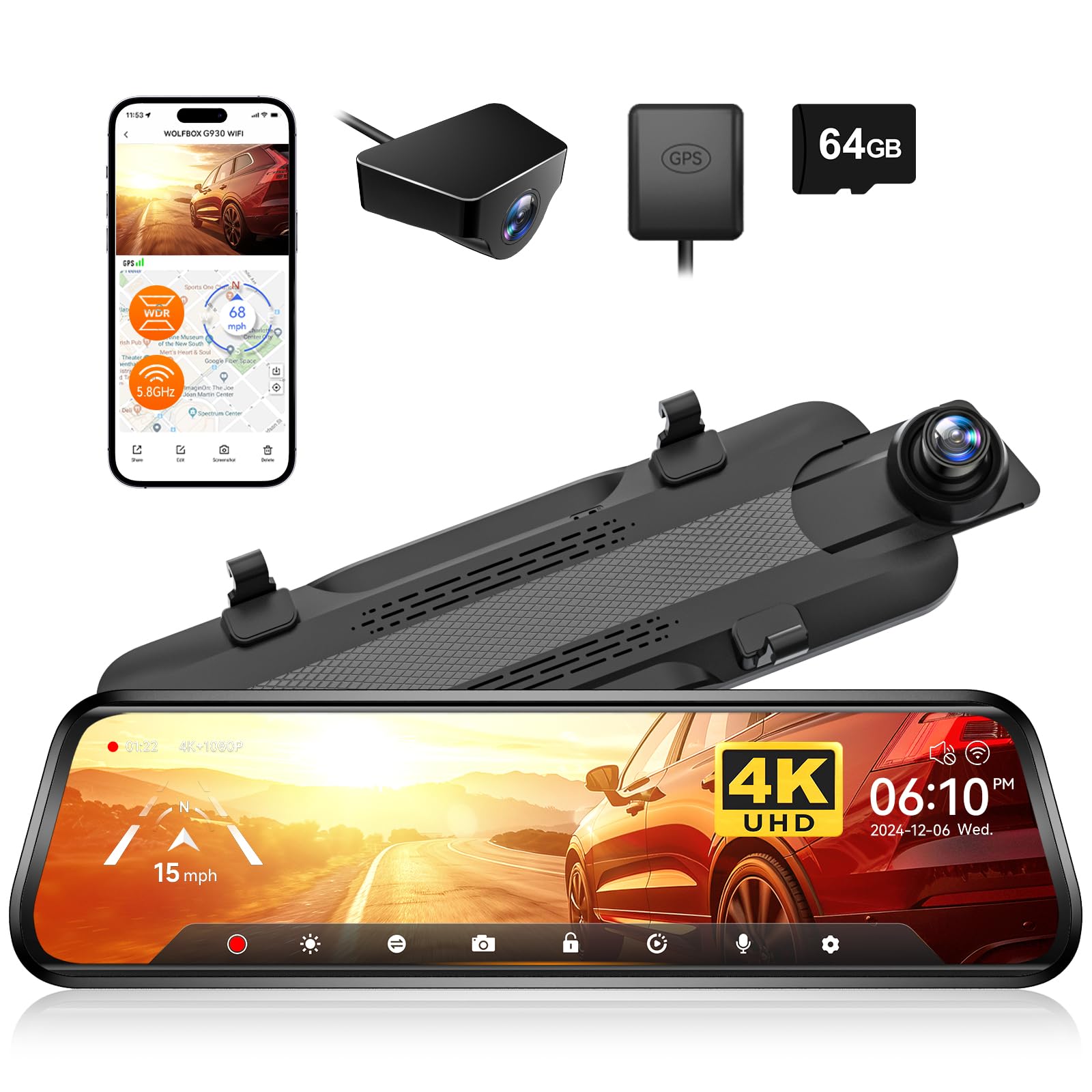 WOLFBOX G930 4K Dash Cam | 10'' Rear View Mirror Camera with WiFi & GPS