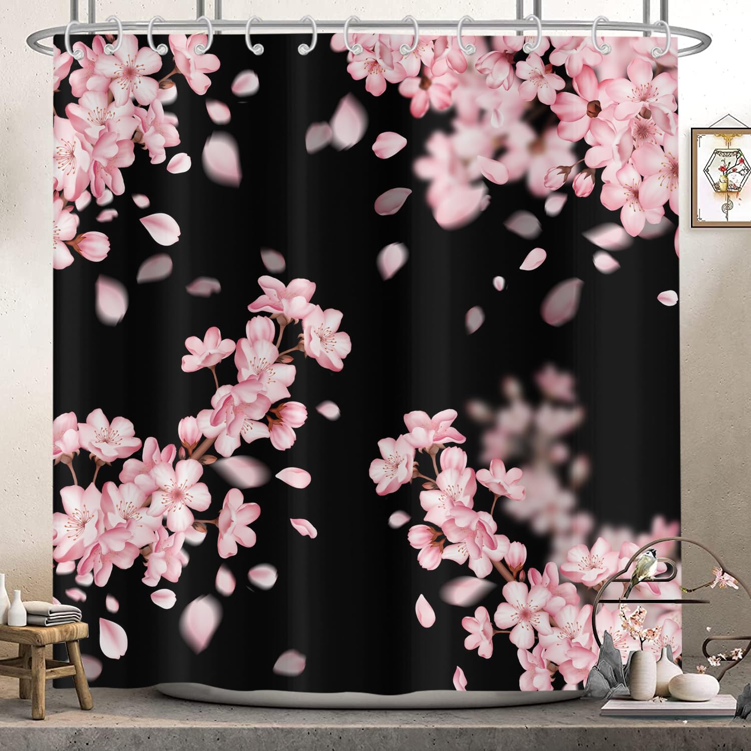 Hnmdmyi Cherry Blossom Shower Curtain | Pink Japanese Sakura Floral Decor