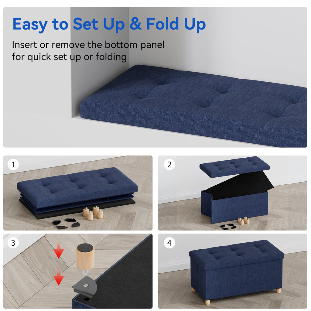 BRIAN & DANY Ottoman Storage Box with 4 Wood Legs, Linen Storage Ottoman for Living Room, Blue, 76 x 38 x 38 cm - image 4