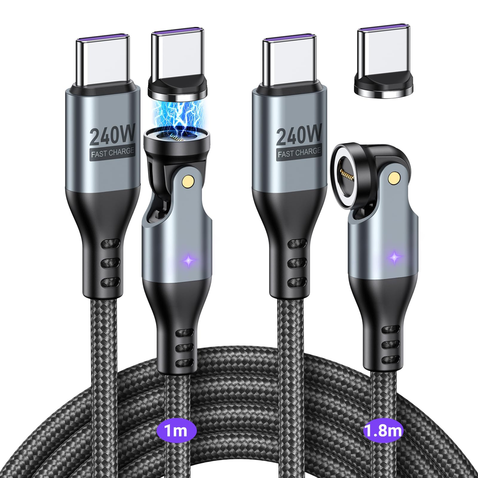 VAFOTON 240W Magnetic USB C to USB C Charging Cable (2-Pack) | 1m & 1.8m
