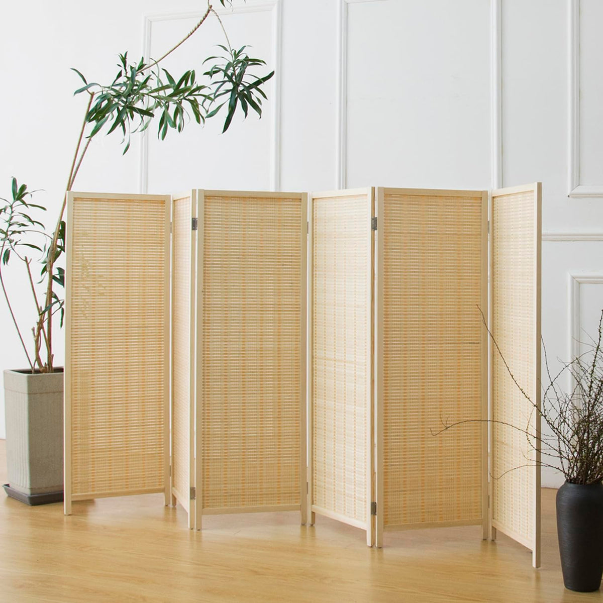 Furnnylane 6 Panel Bamboo Room Divider Short Folding Screen Divider,Double Sided Bamboo Panel Divider for Room Separation,Beige,120 cm H x 234 cm W - image 1