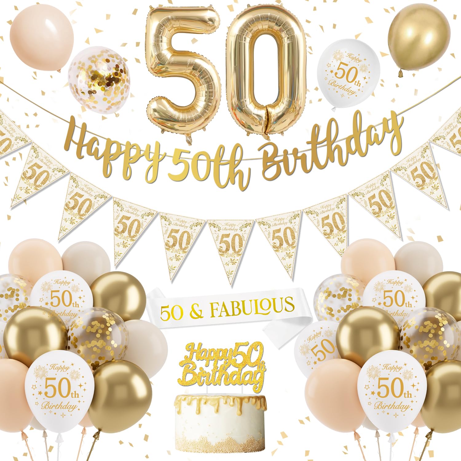 Jolof Store 50th Birthday Decorations for Women – Sand White Gold Kit