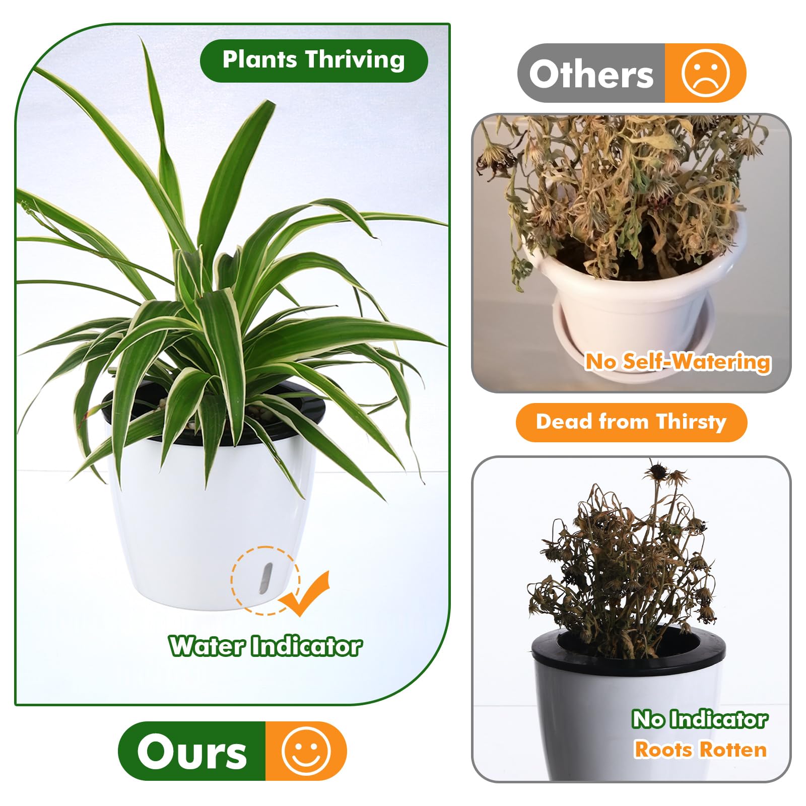 Jolof Store 6.7 Inch Self Watering Plant Pots - 6 Pack White Wick Planters