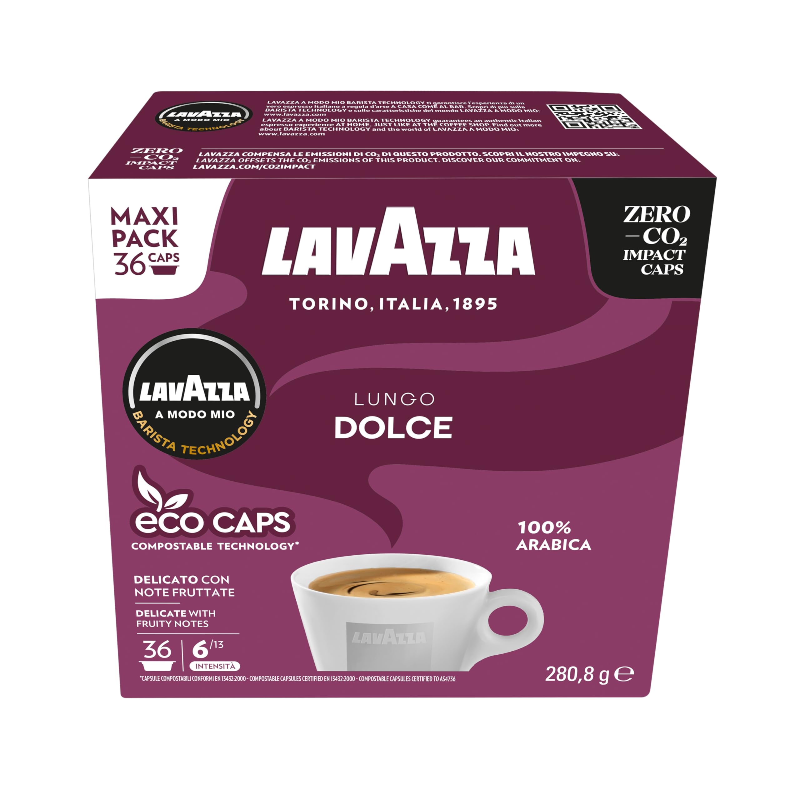 Lavazza A Modo Mio Lungo Dolce Coffee Capsules - 100% Arabica - 36 Pods