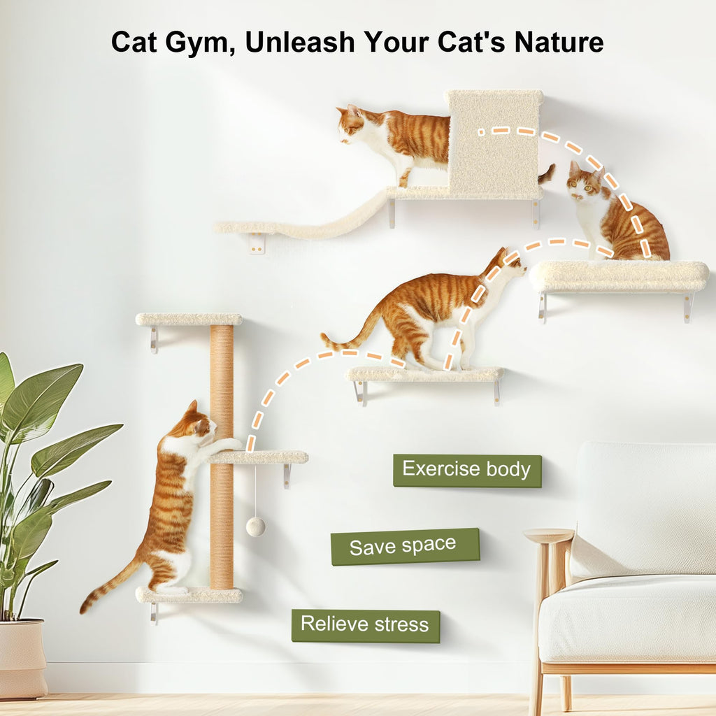 FUKUMARU 4-in-1 Cat Wall Shelves | Wooden Furniture Set with Scratching Post