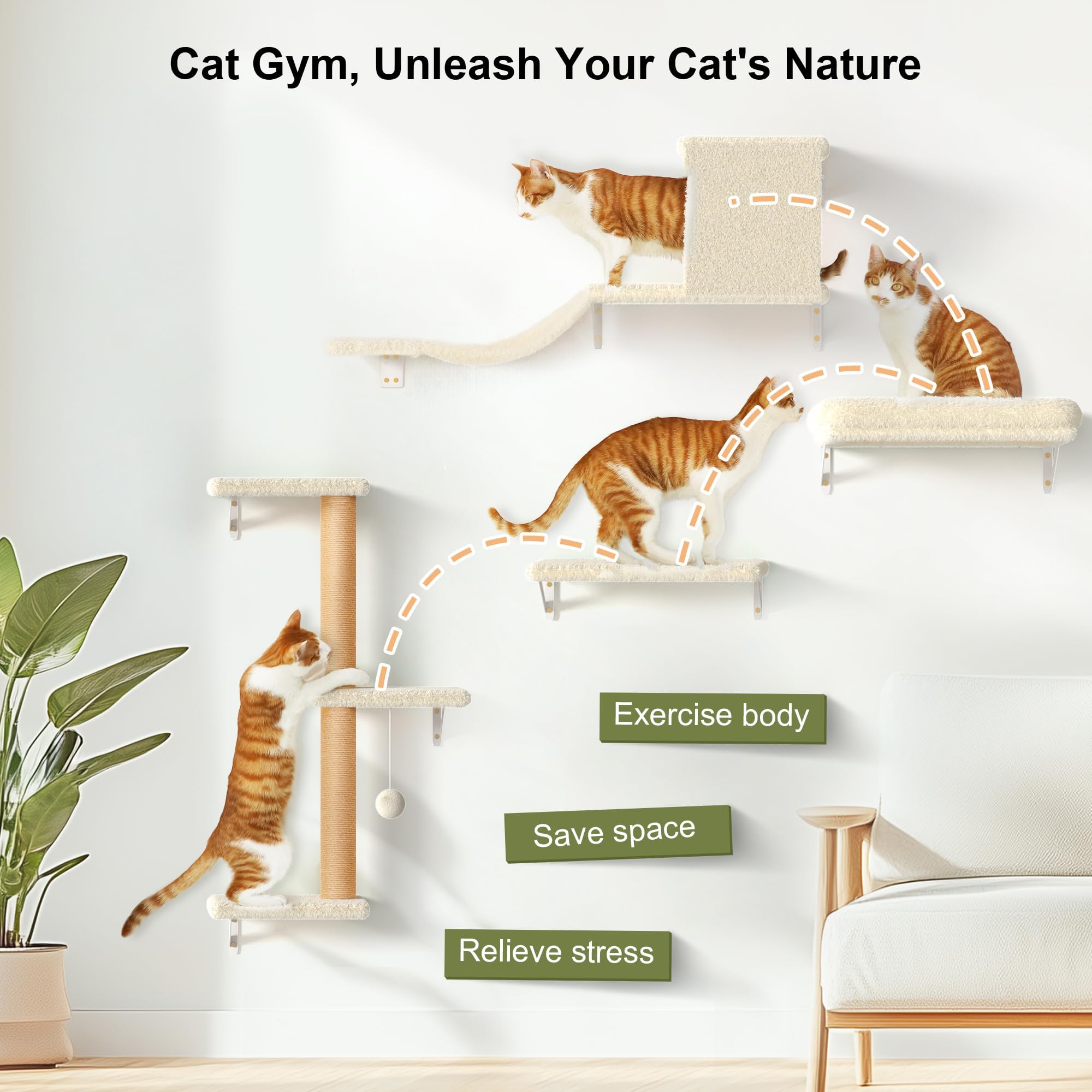 FUKUMARU 4-in-1 Cat Wall Shelves | Wooden Furniture Set with Scratching Post
