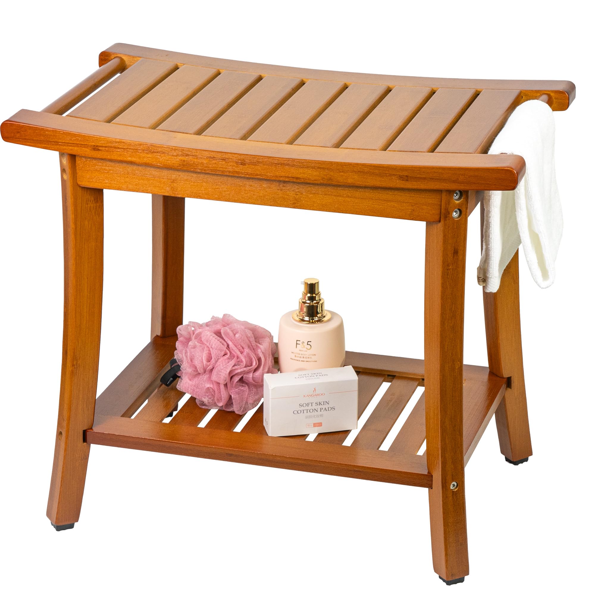 Utoplike Bamboo Shower Bench – Brown Bathing Stool with Handles