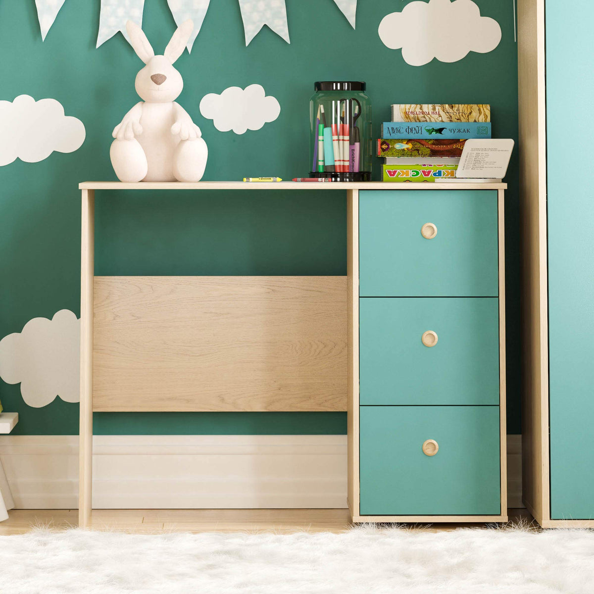 Junior Vida Neptune 3 Drawer Desk Computer Dressing Table PC/Laptop Home Study Workstation Children Kids Furniture Blue & Oak - image 2