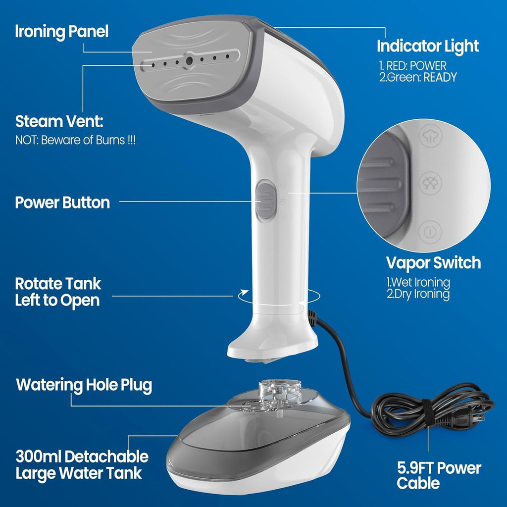 Jolof Store Handheld Fabric Steamer – 1800W Ceramic Plate Iron, White