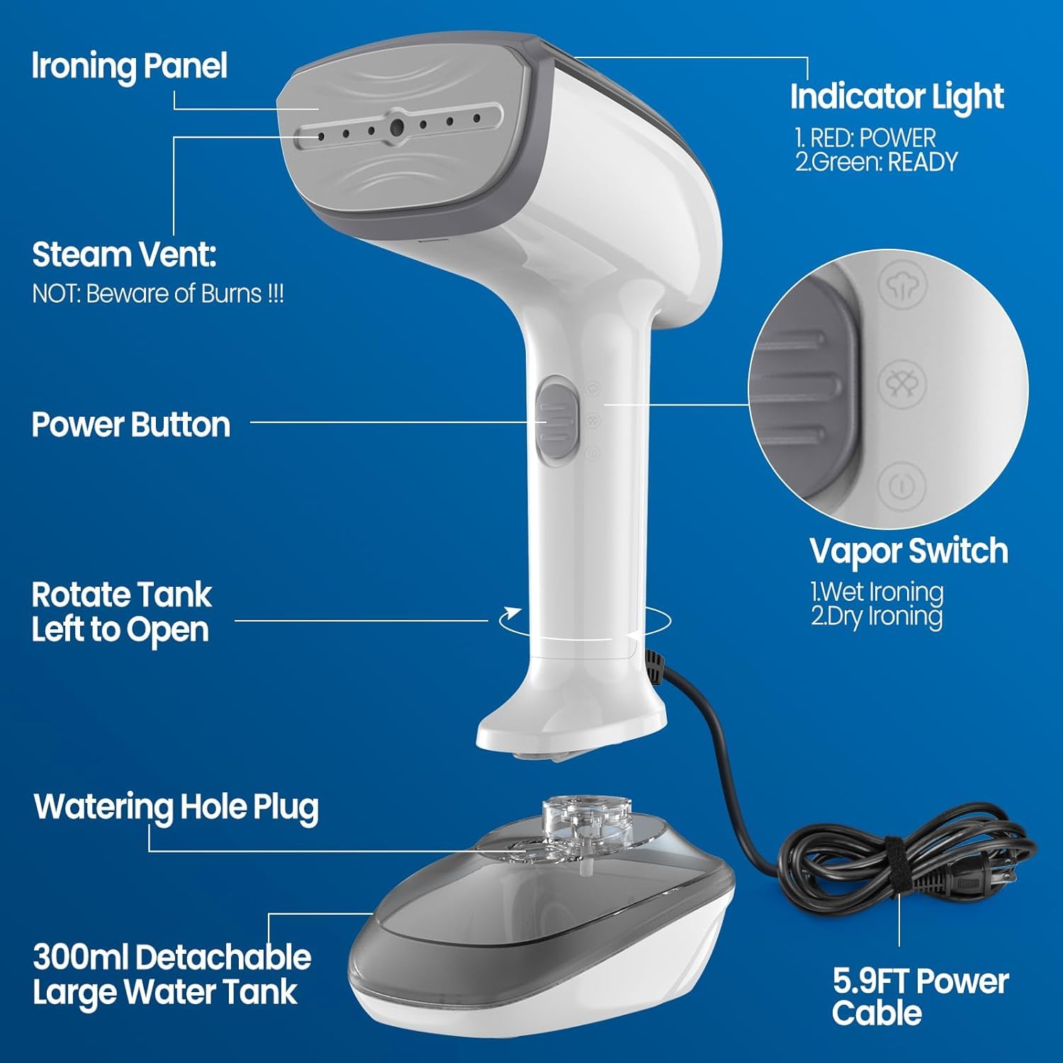 Jolof Store Handheld Fabric Steamer – 1800W Ceramic Plate Iron, White