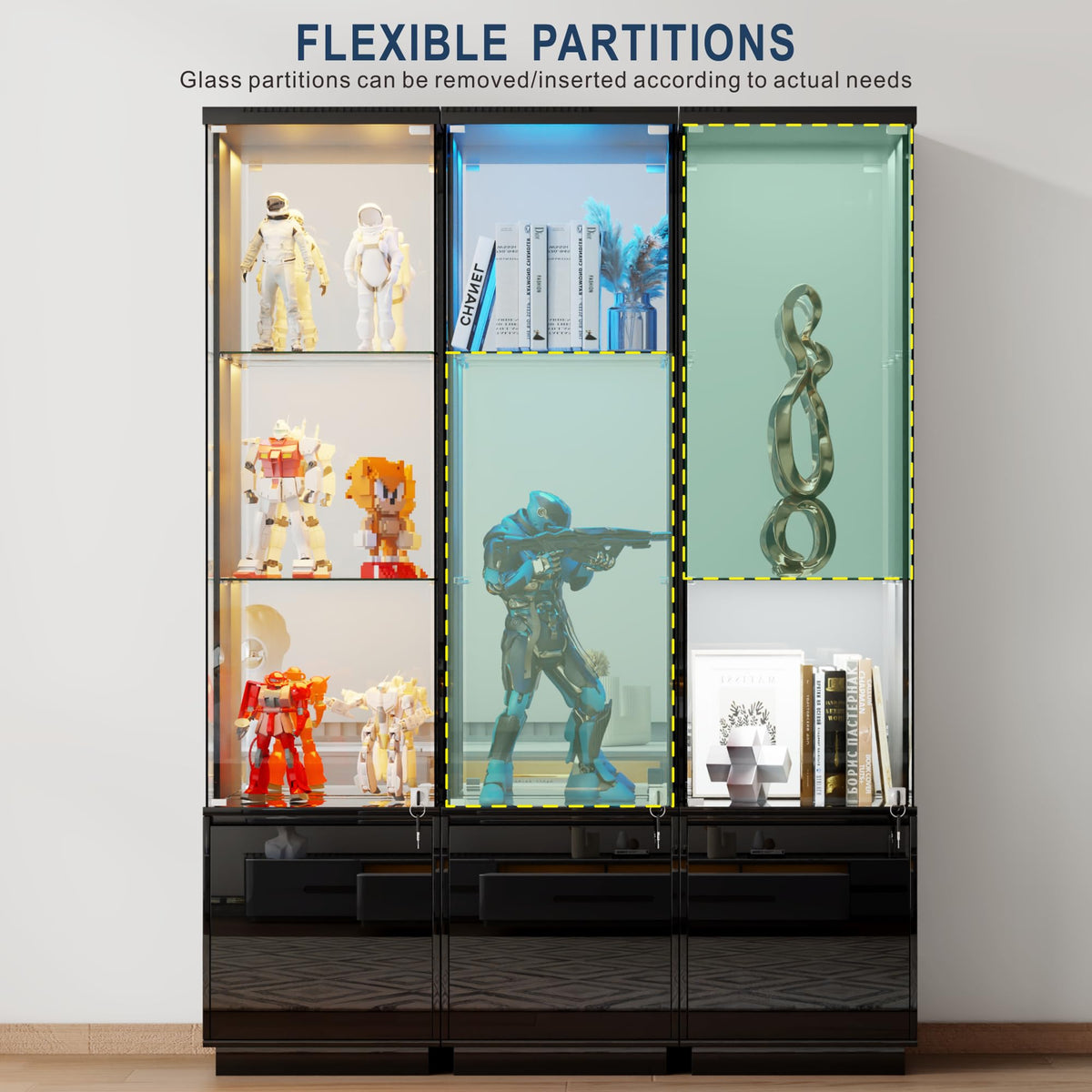 Gurexl Display Cabinets with Lockable and Glass Doors for Living Room,Black - image 5