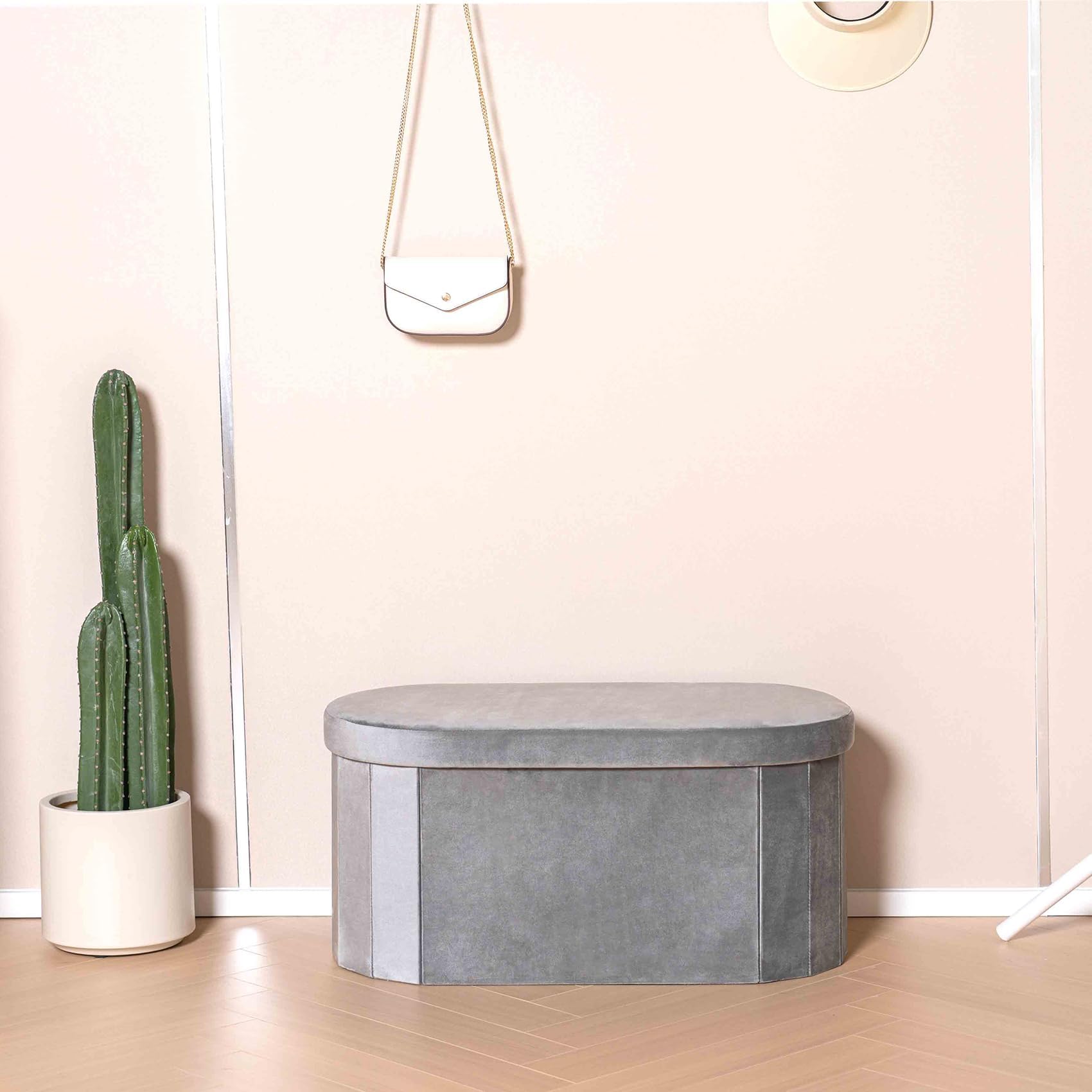 Bonlife Grey Velvet Ottoman Storage Bench | Foldable Oval Toy Box