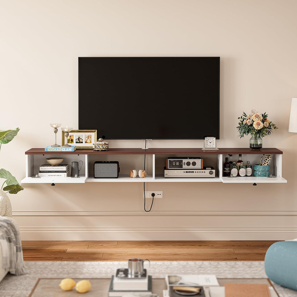 FloatiCasa 140cm Walnut & White Floating TV Unit, 2 Doors & 2 Open Cabinets - image 3