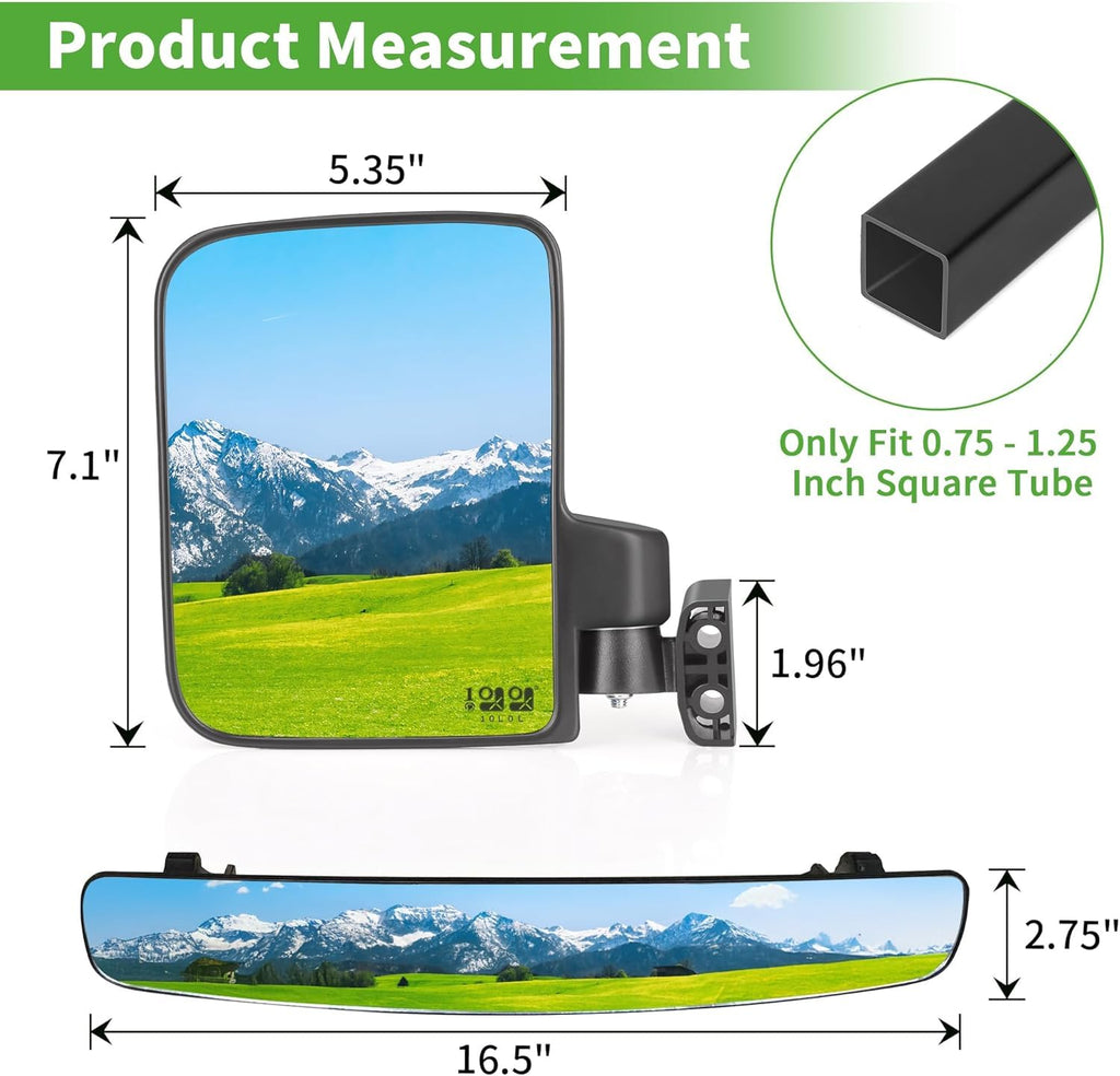 10L0L Golf Cart Mirror Set | No-Drill Foldable Side & Rear View Mirrors