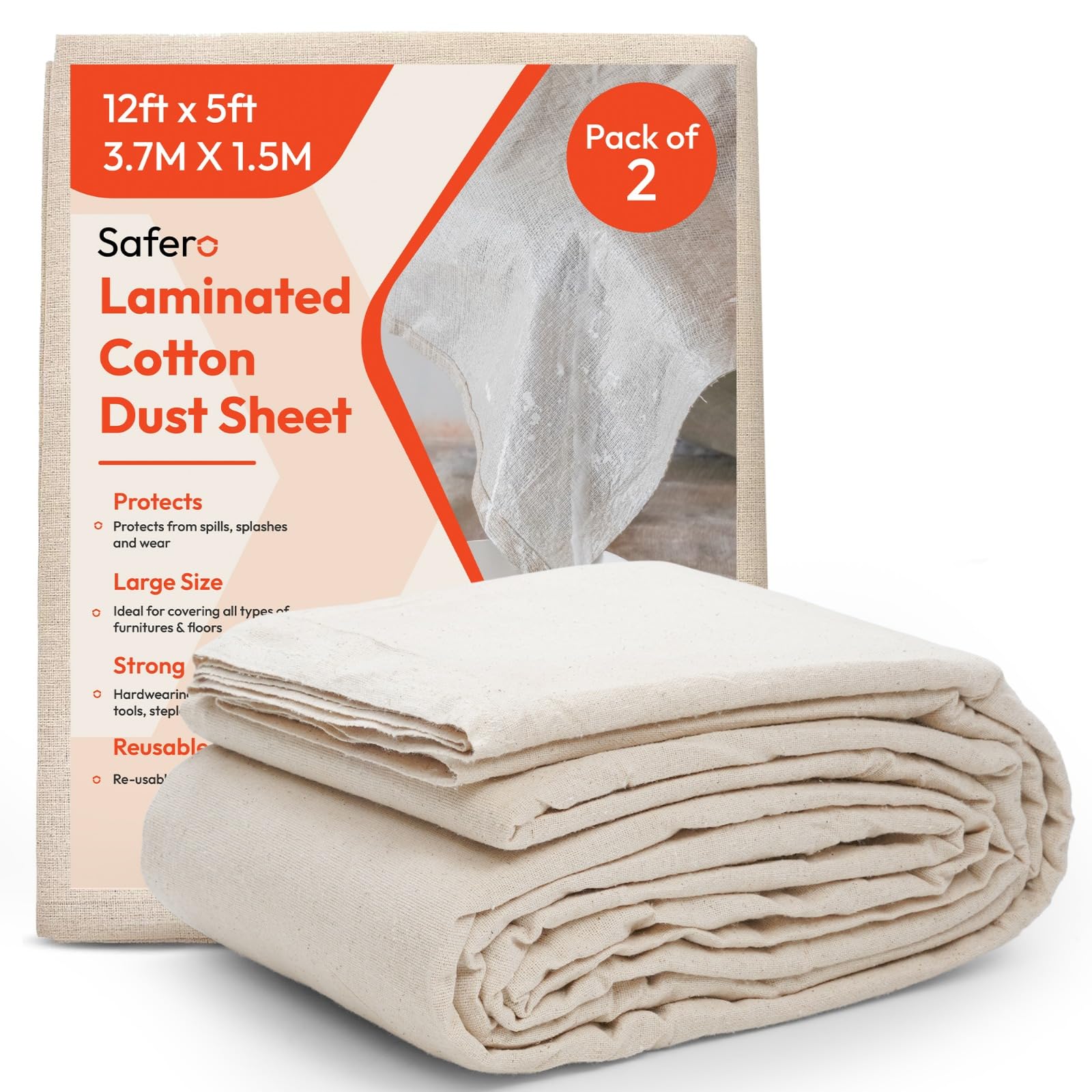 Laminated Cotton Dust Sheets - 12x5ft Paint Drop Cloth (2 Pack)