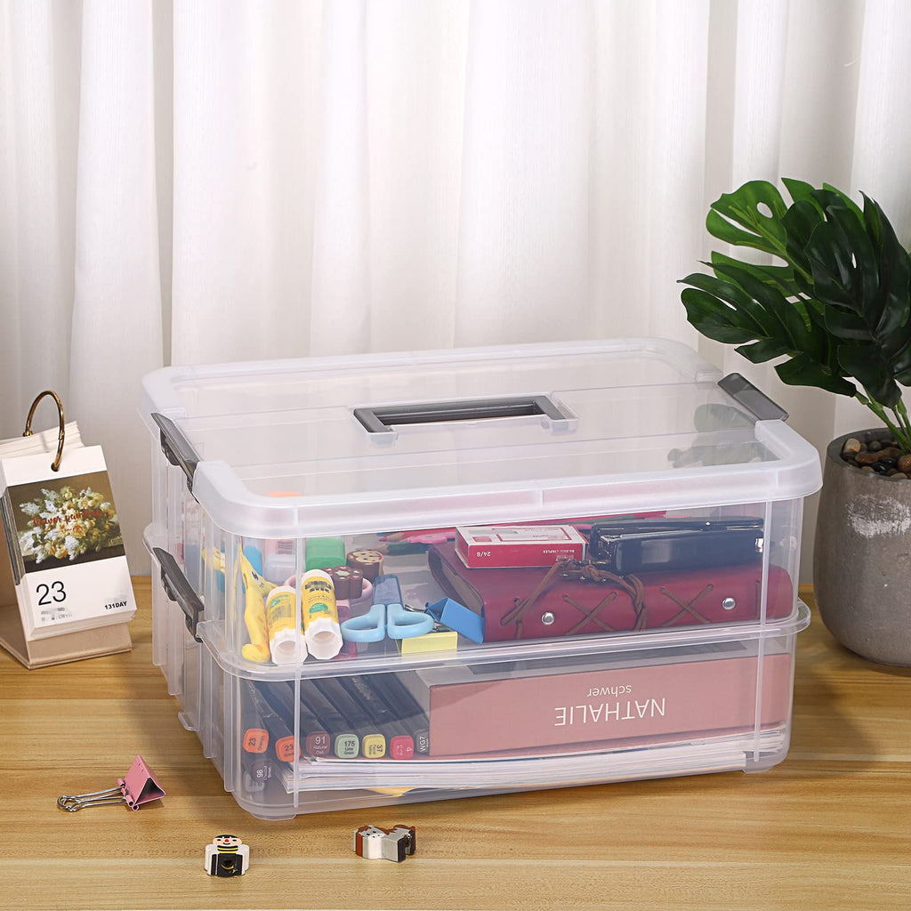 IGNPION 2-Tier Stackable Craft Storage Box Plastic Adjustable Storage Containers with Carry Handle Transparent Containers Organiser for Art & Craft - image 2
