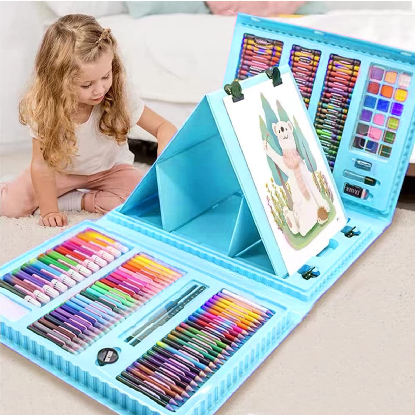 XDISHYN 208-Piece Art Supplies Kit with Trifold Easel - Blue Drawing Set
