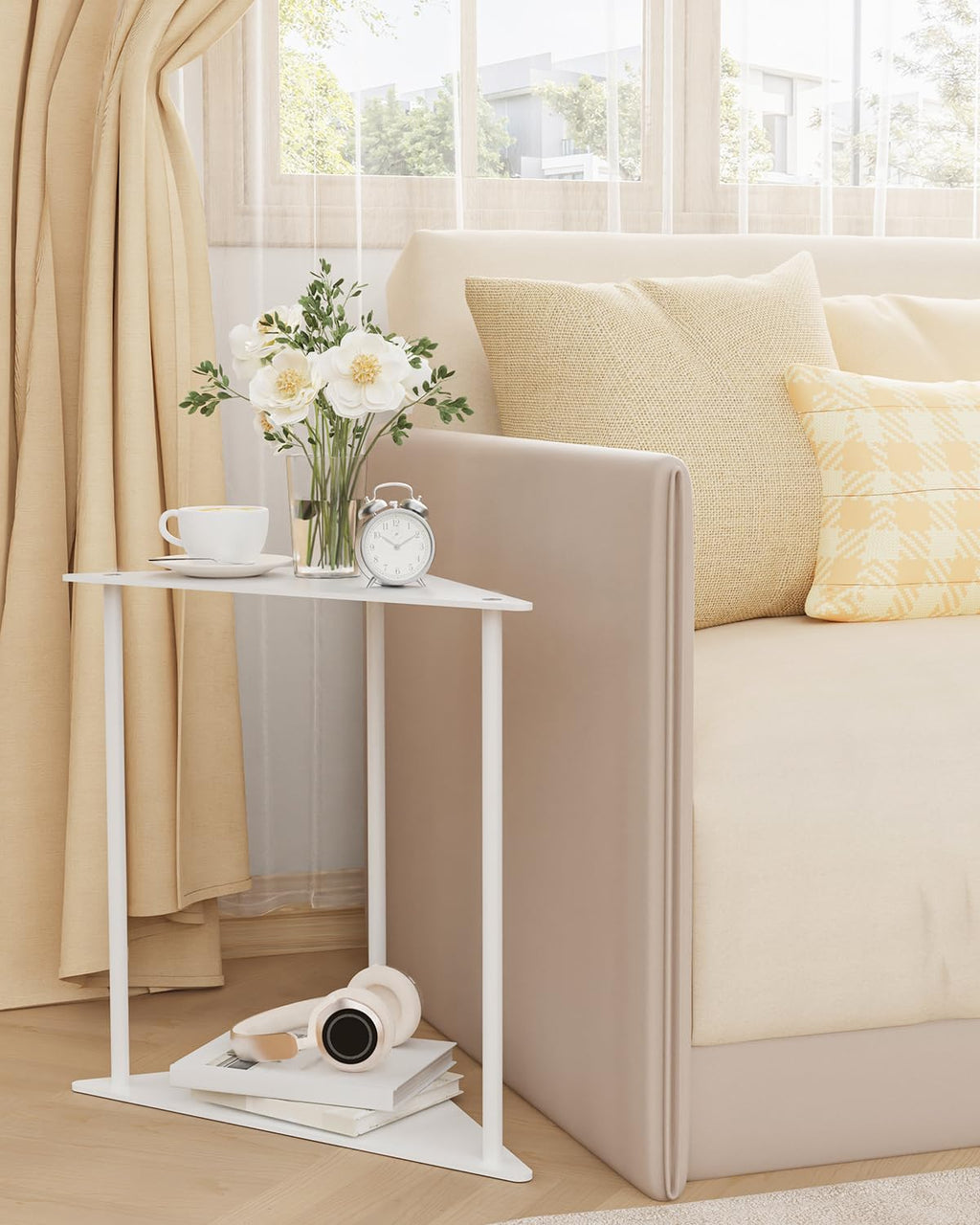 Yawinhe Triangle Metal Side Table,2-Tier Small Corner Table,White,2 Pack