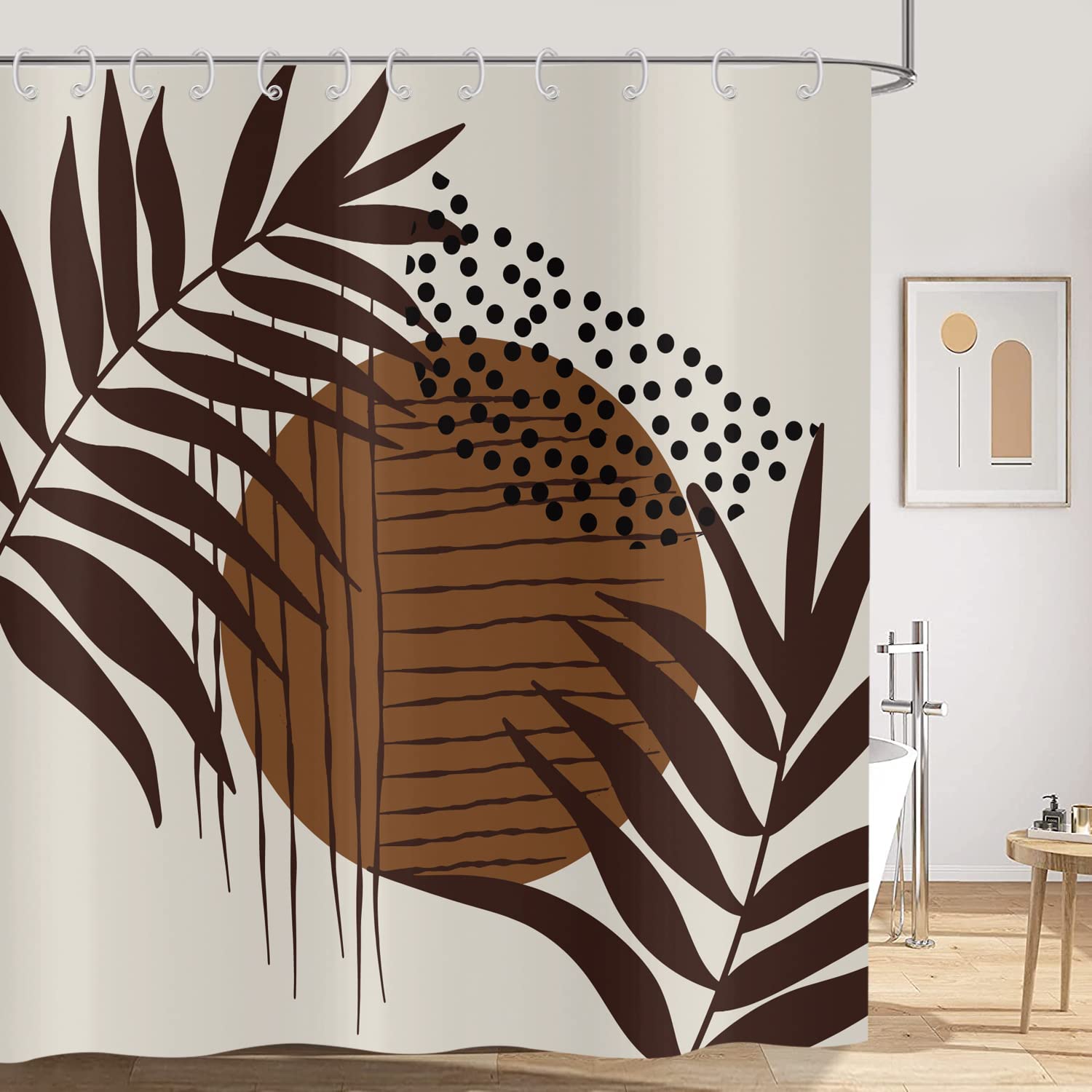 Hnmdmyi Boho Shower Curtain | Mid Century Brown Leaf Polyester - 71x71"