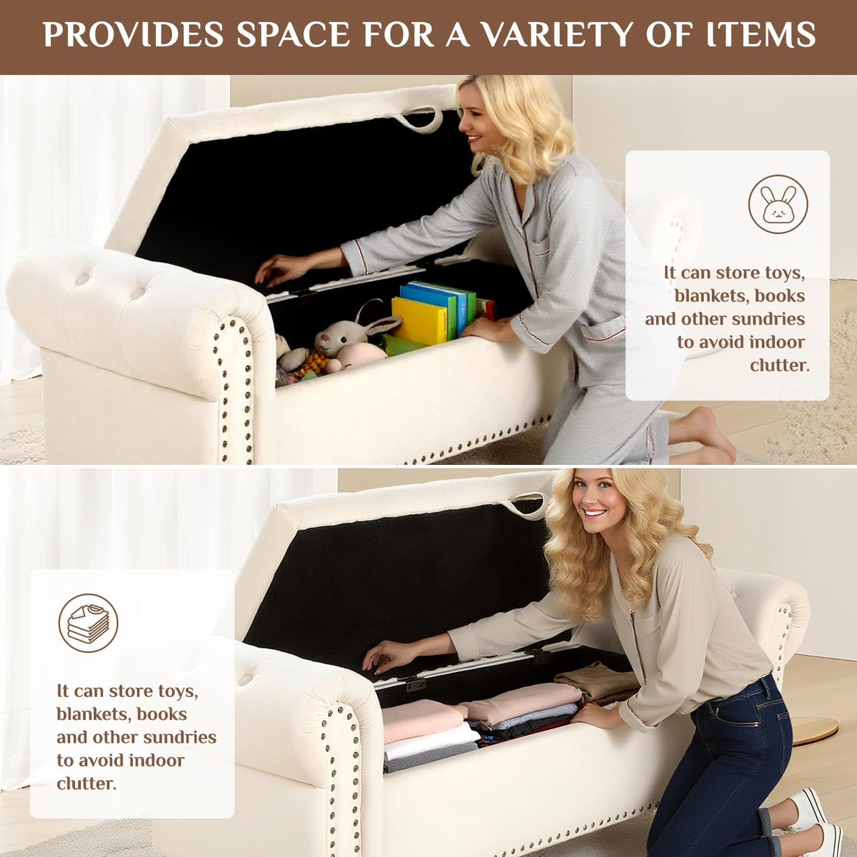 Clevich Ottoman Storage Bench, Velvet End of Bed Storage Box with Lid, Sturdy Wood Legs Footrest, 168KG Load Capacity - image 5