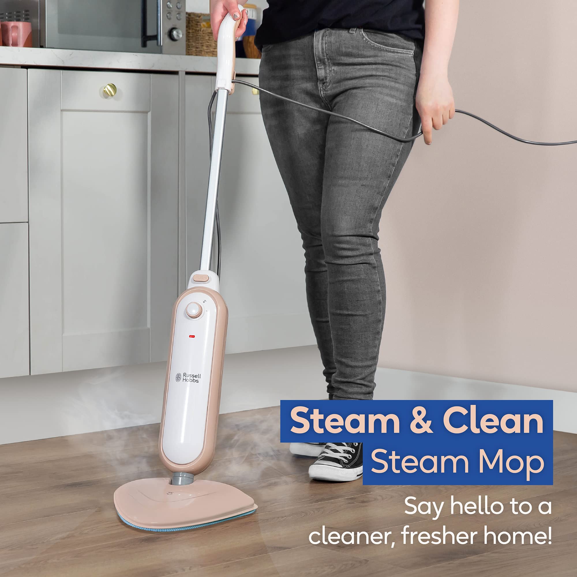 Russell Hobbs Upright Steam Mop – Blush Pink Floor & Carpet Cleaner