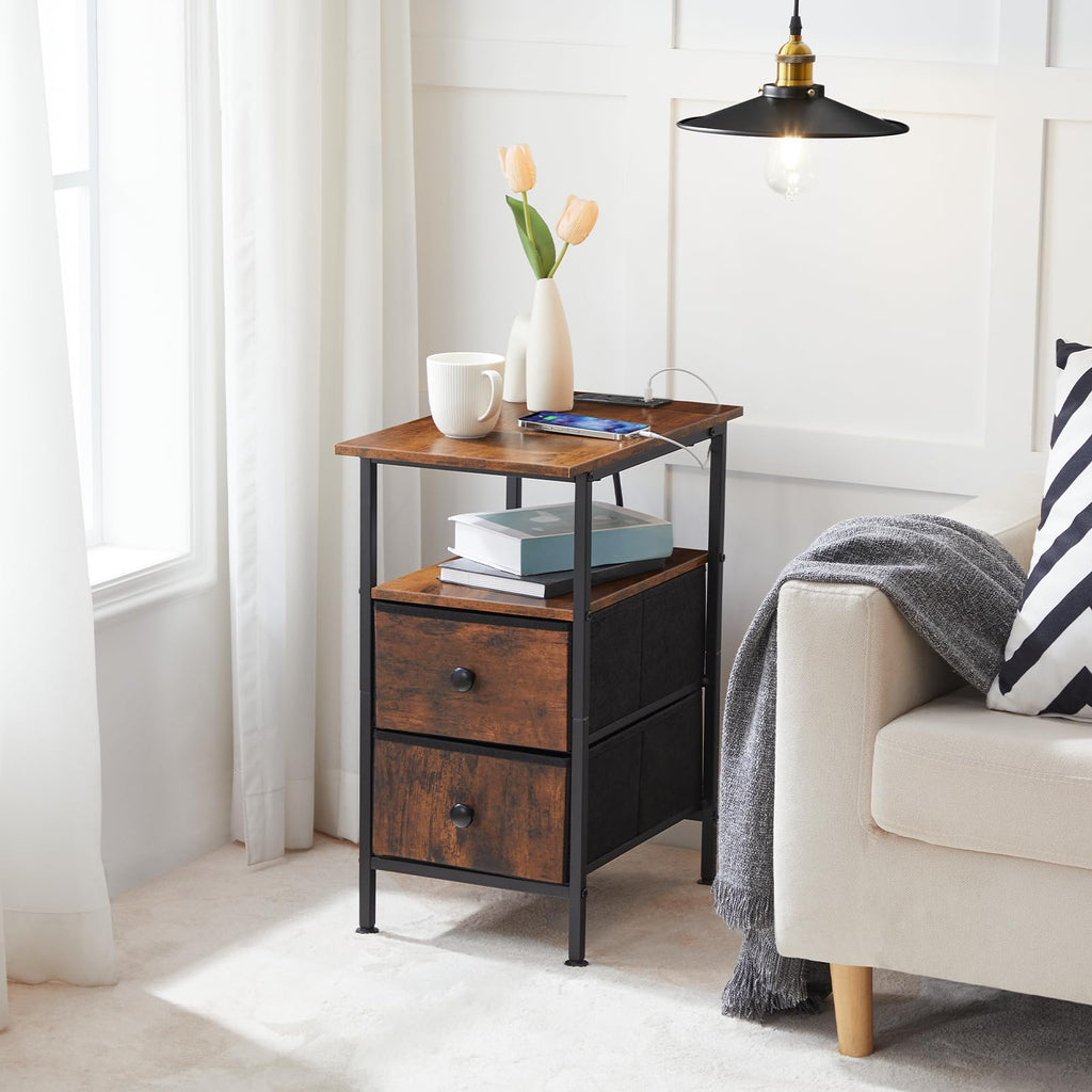 HOOBRO Narrow Bedside Table with Charging Station and 2 Drawers