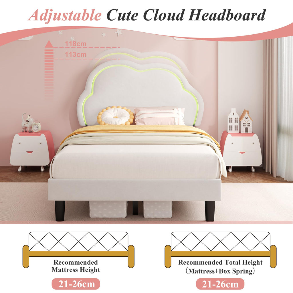ModernLuxe 3FT LED Single Upholstered Bed 90x190cm for Kids Velvet Single Bed Frame Cloud Headboard Girls Bed with Adjustable Lighting - image 4