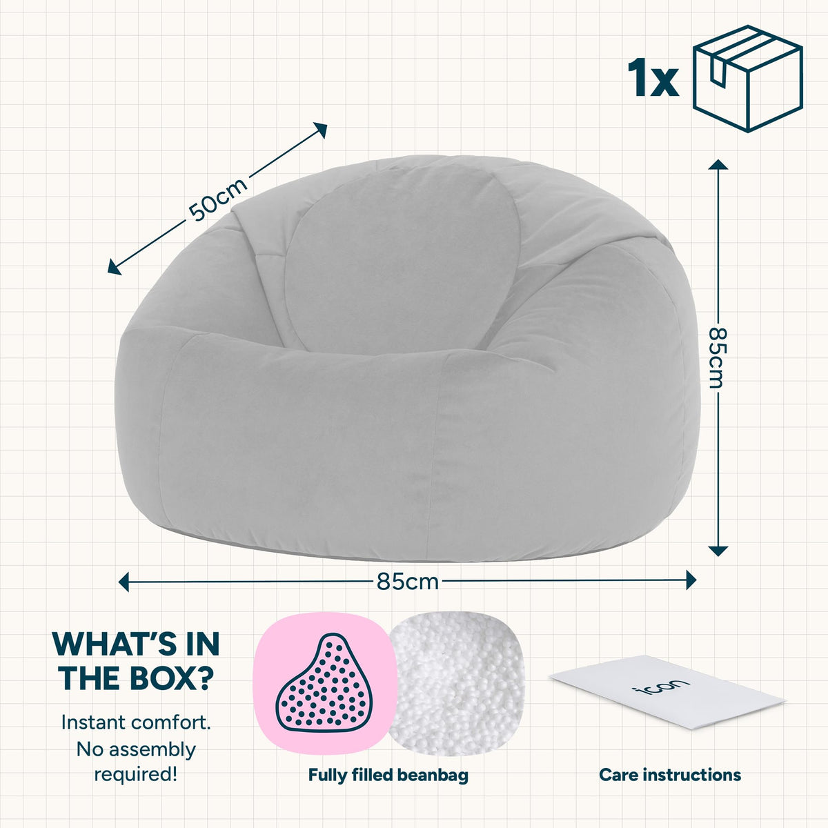 icon Kingston Velvet Bean Bag with Filling Included, Grey - image 5