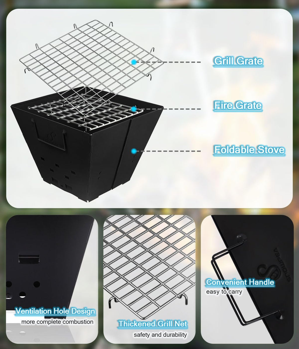 Snowpea Portable Camping Fire Pit | Collapsible Iron Grill with Carry Bag